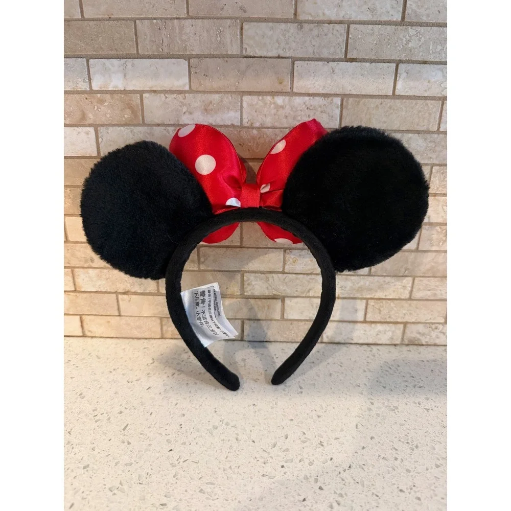Disney Parks Minnie Mouse Headband Classic Satin Polka Dot Bow Black Red OSFM